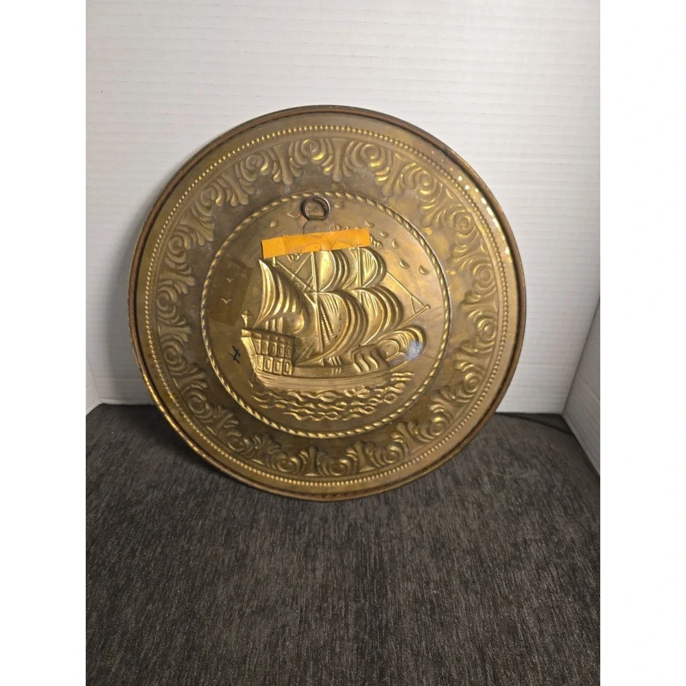 Vintage BRASS Embossed Plate Wall Hanging 12